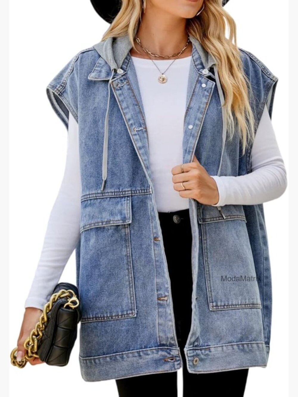 Oversized Denim Vest - Sleeveless Distressed Jean Vest with Pockets